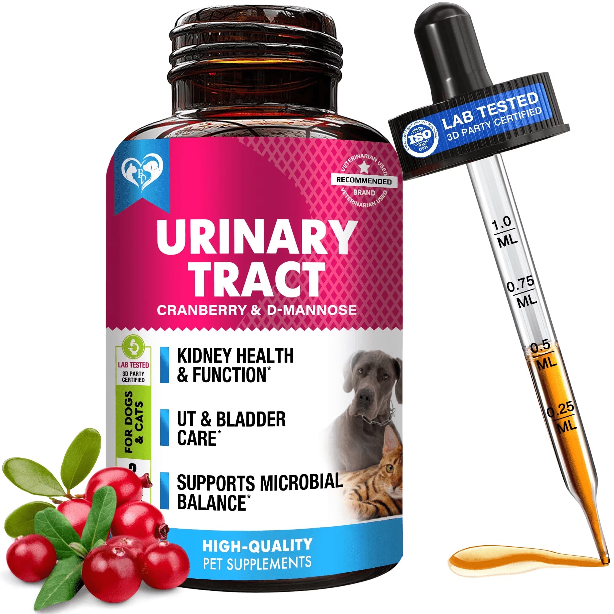 Urinary Tract Support - Cranberry & D-Mannose Liquid Drops for Dogs & Cats , Kidney & Bladder Health Support for All Breeds